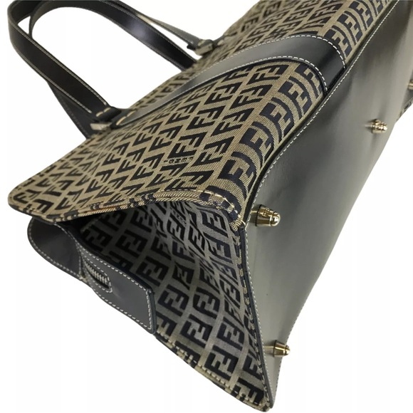 Fendi VINTAGE Boston Bag Zucchino Pattern Gray and Navy Blue Authentic - Picture 12 of 17